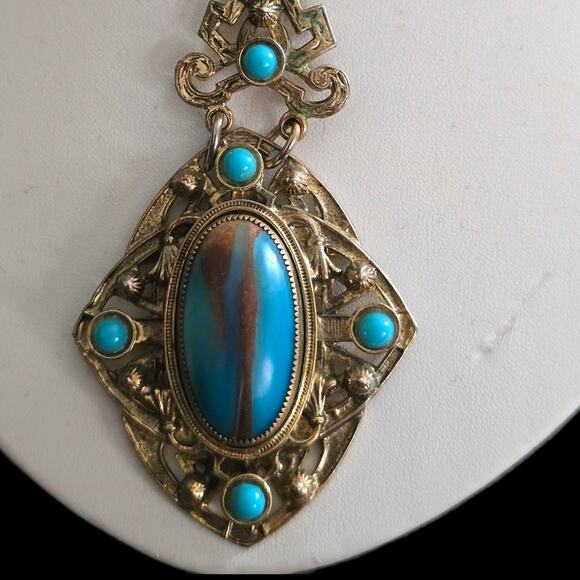 Vintage Whiting & Davis Art Deco Faux Turquoise Silver Tone Pendant Necklace 24" - Picture 2 of 5